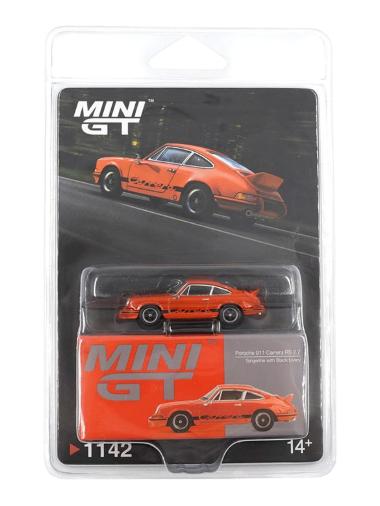 Mini GT #1142: Porsche 911 Carrera RS 2.7 Tangerine with Black Livery 1:64 Scale