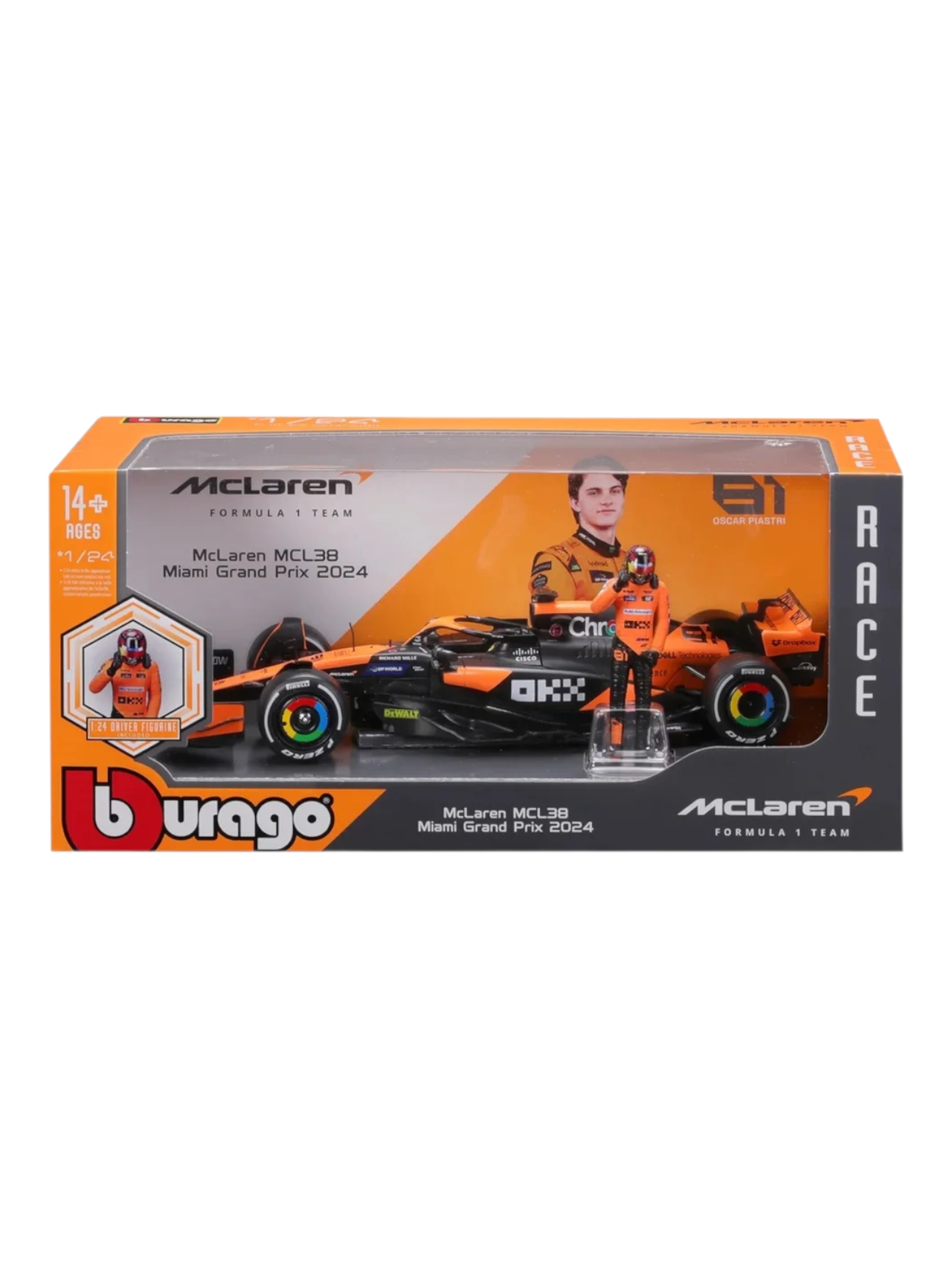 Bburago Formula 1 (F1) 2024 Mclaren MCL38 Miami Grand Prix Driver No-81 Oscar Piastri 1:24 Scale (With Figure)