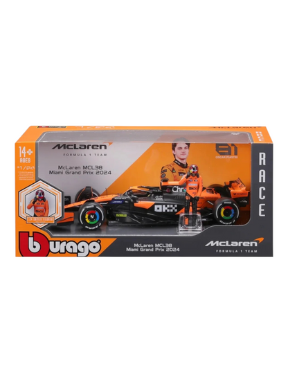 Bburago Formula 1 (F1) 2024 Mclaren MCL38 Miami Grand Prix Driver No-81 Oscar Piastri 1:24 Scale (With Figure)
