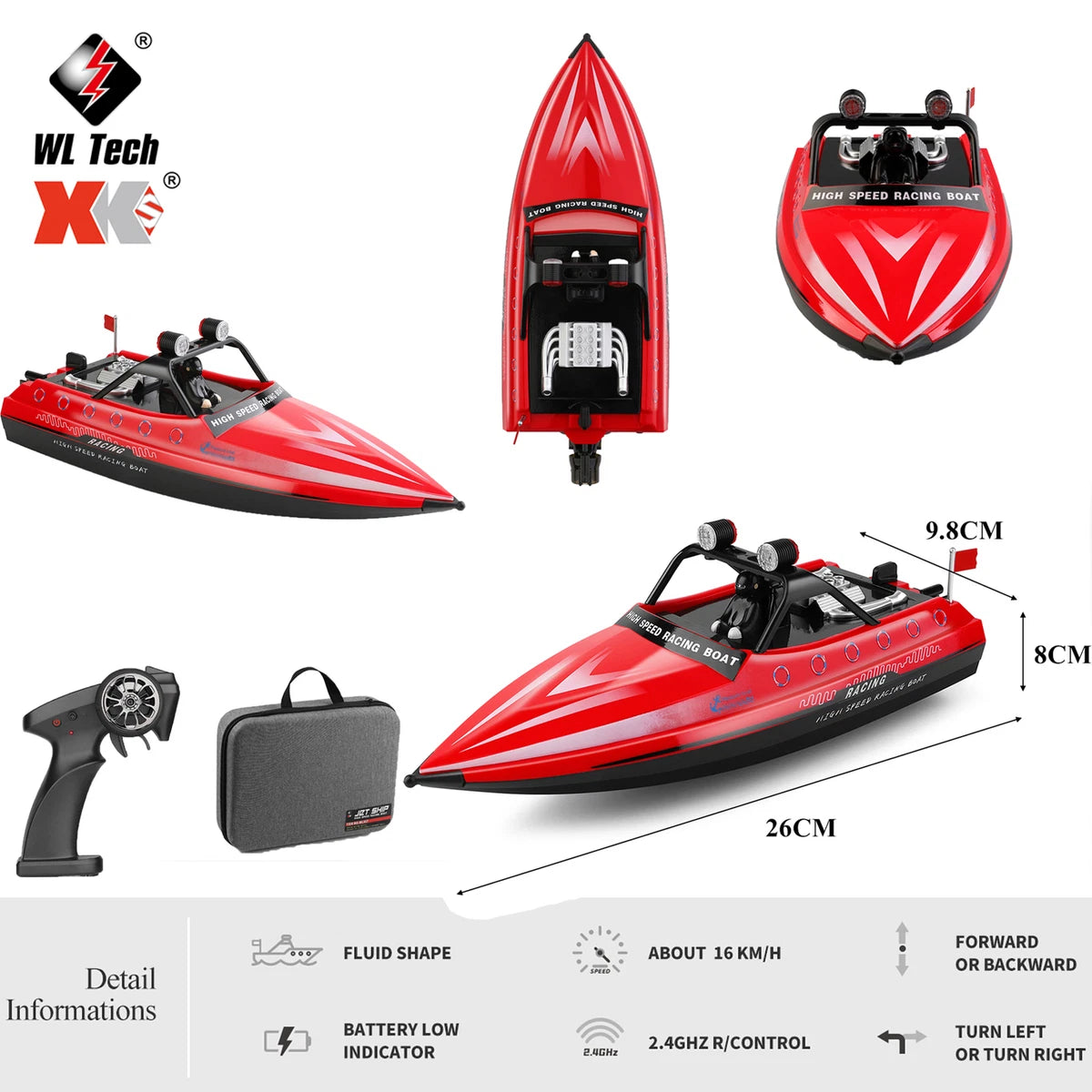 Jet ship WL917 RC 16km/H RC Boat 2.4GHz Remote Control Boats RED O0N2