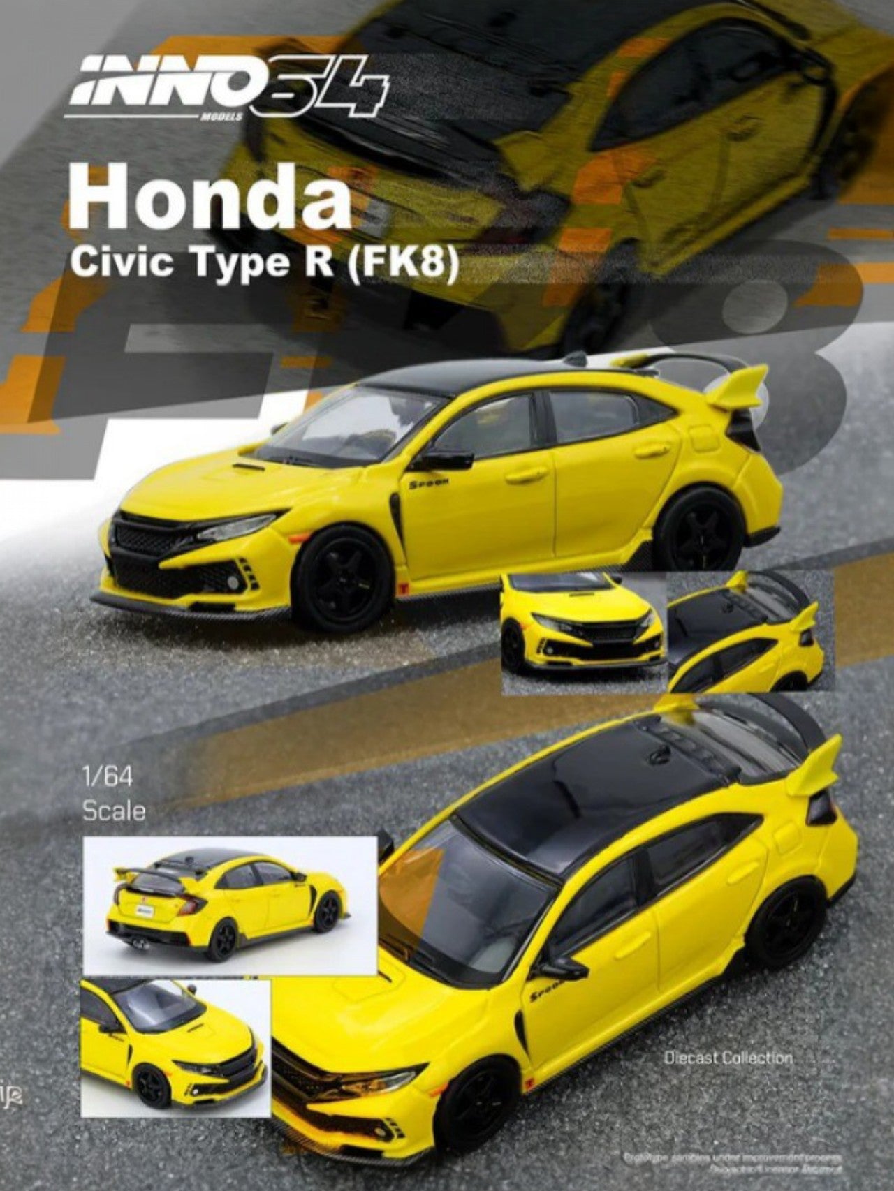 INNO64 Honda Civic Type R (FK8) Yellow 1:64 Scale Metal Diecast IN64-FK8-YL
