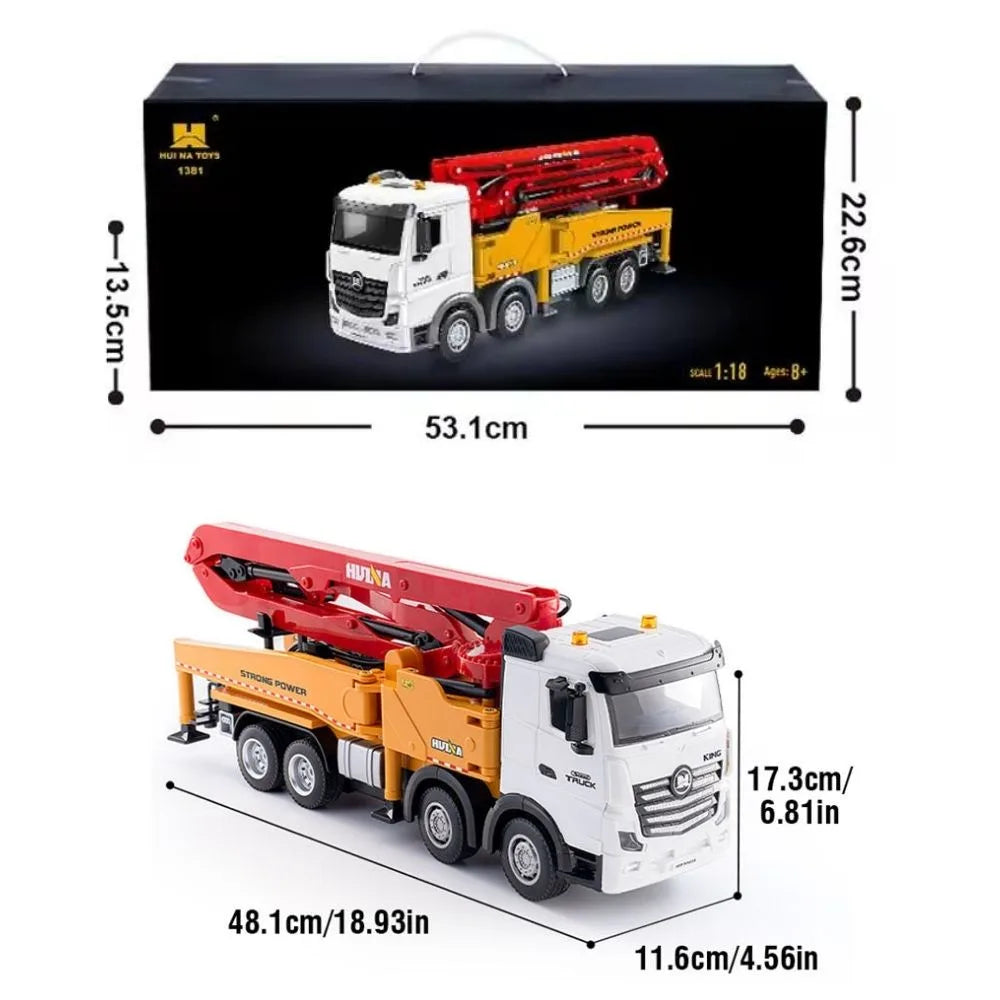 Huina Toys 1381 RC Backhoe Loader Concrete Pump Truck 11 Function Realistic water spray pumping system Rechargeable battery with USB charging Remote control 1:18 Scale