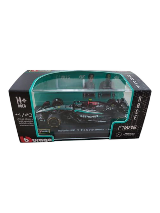 Bburago MERCEDES AMG PETRONAS 2024 Formula 1 (F1) W15 E Performance no 44 Lewis Hamilton 1:43 Scale (With Acrylic Case)