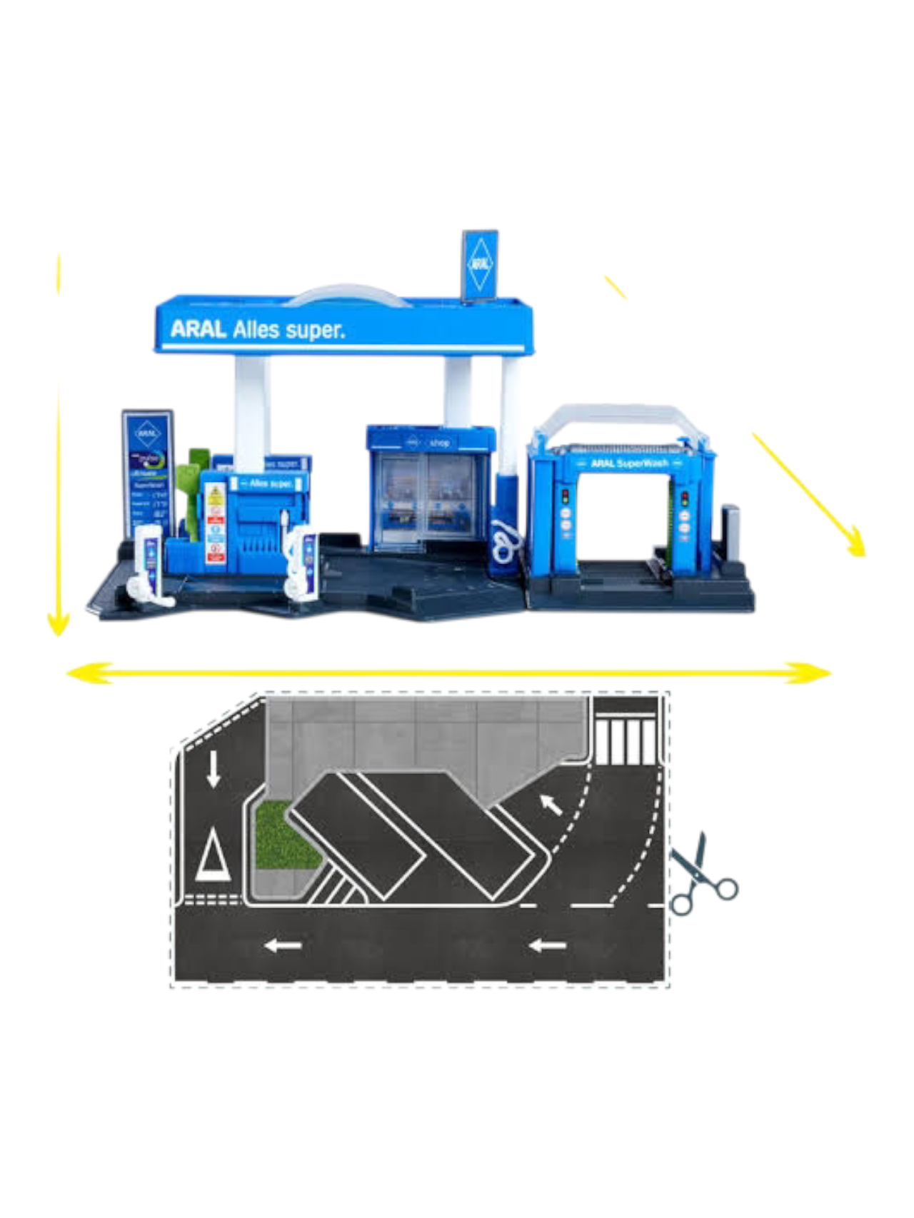 Majorette Petrol Station ARAL + Vehicle | Includes 1 Fuel Tanker | Features Fuel Pump & EV Charger | Car wash and Shop | Suitable for 1:64 Scale Vehicles | Imaginative Role-Play Set for Kids
