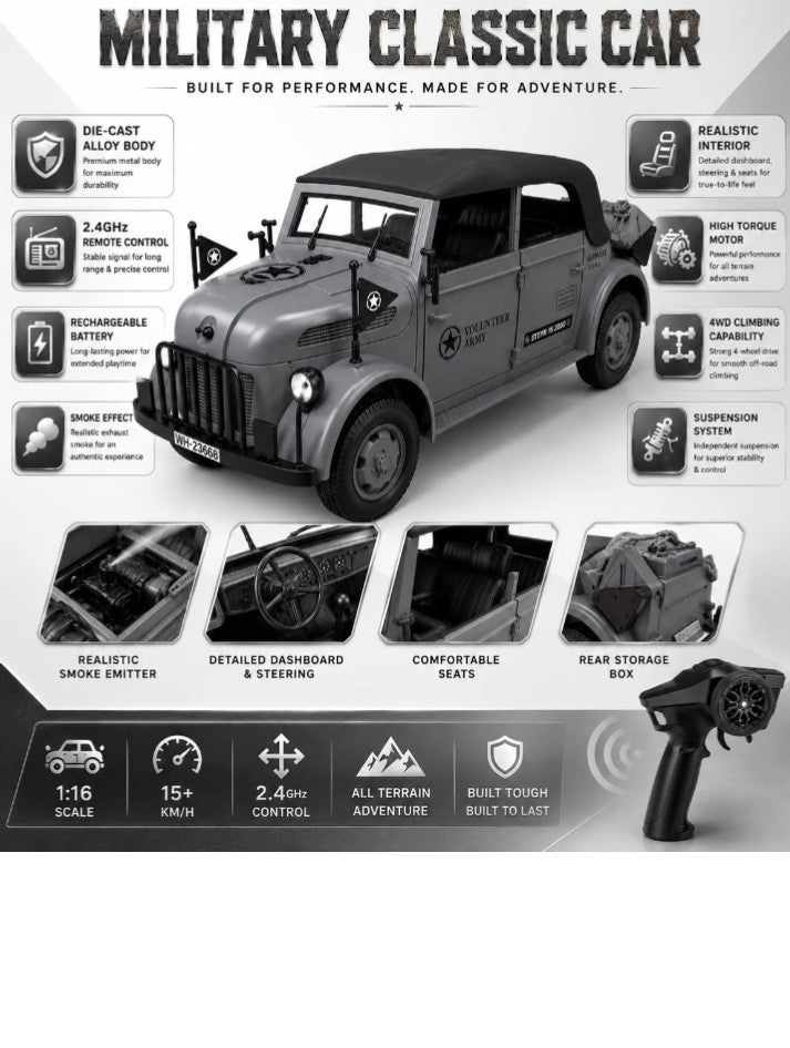 STEYR 1500A Germany WWII Military Vehicle Die-Cast Model Car – 1:18 Scale Remote Control 4×4 High Speed Motor Metal Series