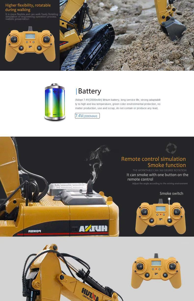 Huina Toys 1535 Excavator With 15 Functions 1:14 Scale Rechargeable Battery Playtime 20 to 30 minutes 2.4GHz Frequency Realistic Light and sound Remote Control Truck RC