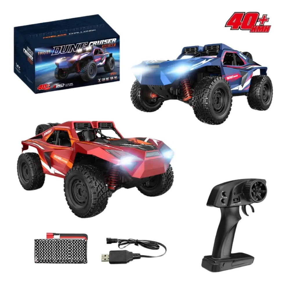 Dune Cruiser Racing 1:16 Scale 4WD High-Speed Off-Road RC Rock Crawler Buggy (40+ KM/H, 2.4GHz) Battery: 7.4V Rechargeable Li-ion / Li-Po Battery (USB Fast Charging Cable included) Color: Matte Crimson Red with Black & White Racing Graphics