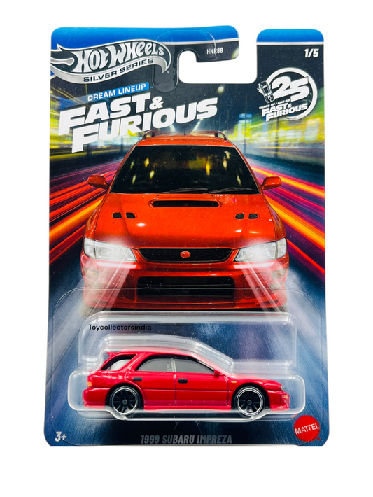 HotWheels Silver Series Fast And Furious 1999 Subaru Impreza Imported Card Art 1:64 Scale HNR88