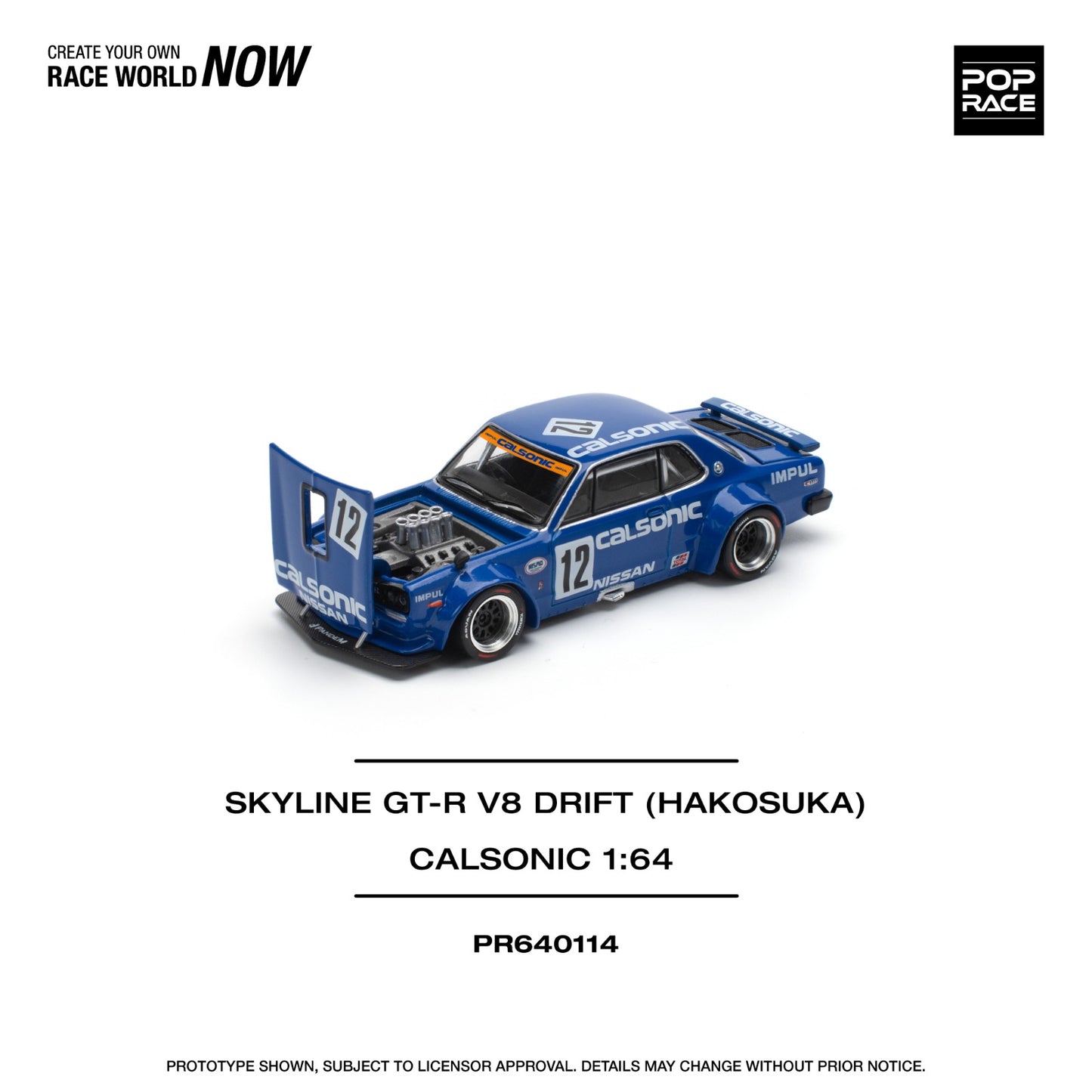 ( PR640114 ) POP RACE SKYLINE GT-R V8 DRIFT HAKOSUKA CALSONIC Diecast Model 1:64 Scale
