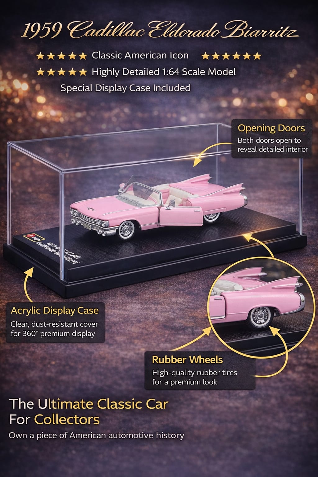 Bburago 1959 Cadillac Eldorado Biarritz Iconic Classic Collectible with Acrylic Display Case 1:64 Scale