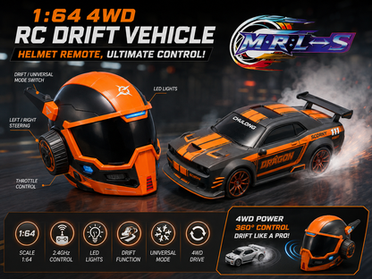 RC Drift 1:64 Scale Car with Helmet Remote | 2.4GHz | LED Lights | Drift & Universal Mode