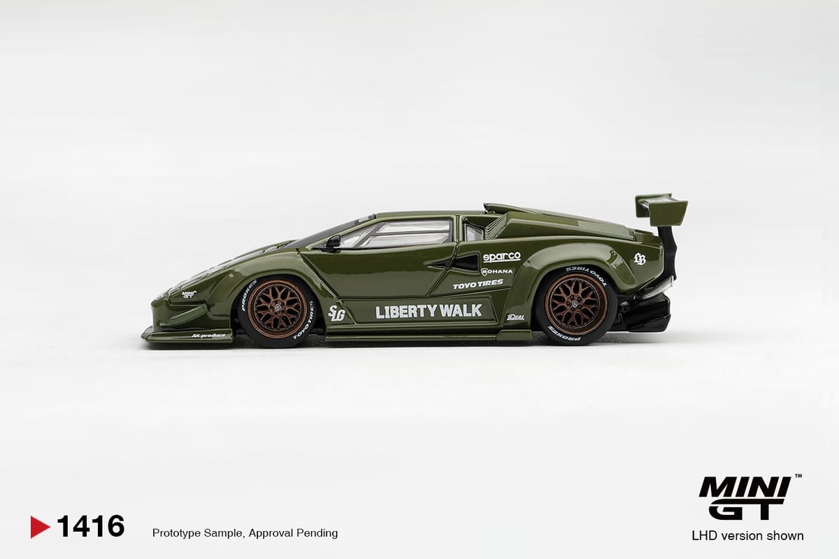 PRE-ORDER Mini GT. 1416 LAMBORGHINI COUNTACH LB-WORKS ARMY GREEN 1:64 Scale Diecast Box / Blister (ETA-Apr 2027)