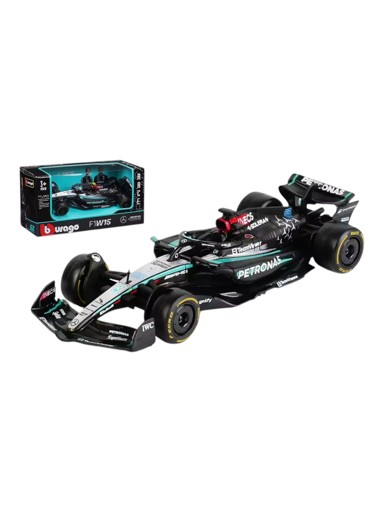 Bburago MERCEDES AMG PETRONAS 2024 Formula 1 (F1) W 15 E Performance no. 63 George Russell 1:43 (With Acrylic Case)