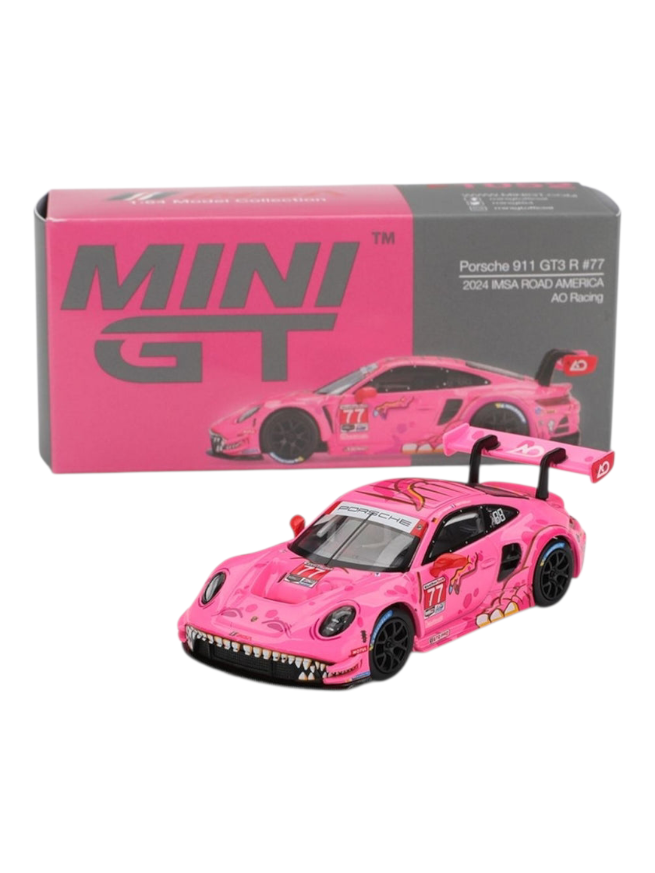 Mini GT #1052: Roxy Porsche 911 GT3 R #77 AO Racing 2024 IMSA Road America 1:64 Scale Box packaging