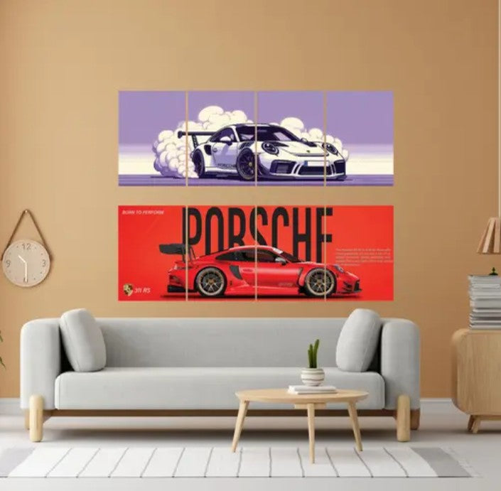Premium Porsche Car 4-Piece Split Poster, 2,300 GSM HD Prints with Adhesive Back, Glossy Finish, Aesthetic Room Decor Photographic Paper (11.5 inch X 31.5 inch, Box)