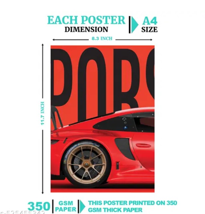Premium Porsche Car 4-Piece Split Poster, 2,300 GSM HD Prints with Adhesive Back, Glossy Finish, Aesthetic Room Decor Photographic Paper (11.5 inch X 31.5 inch, Box)