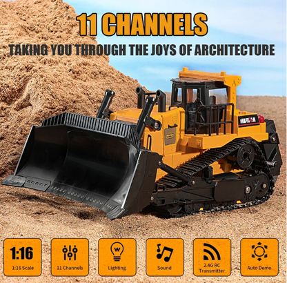 Huina Toys 1554 Remote Control RC Bulldozer Remote Distance 30 - 40 Meters Play Time 20 minutes Charging Time 180 minutes 3.7V 900mAh Rechargeable Battery (Included) 1:16 Scale