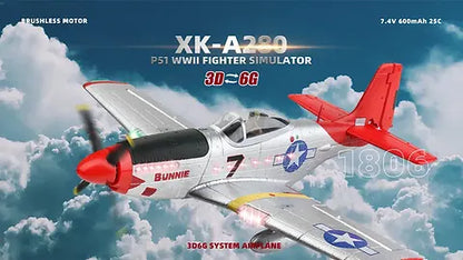 Remote Control Airplane XK A280 P-51 3D/6G 2.4G 4CH Brushless 560mm Wingspan EPP Fixed Wing RC Aircraft Model with 6-Axis Gyro and LED Searchlight (RTF)