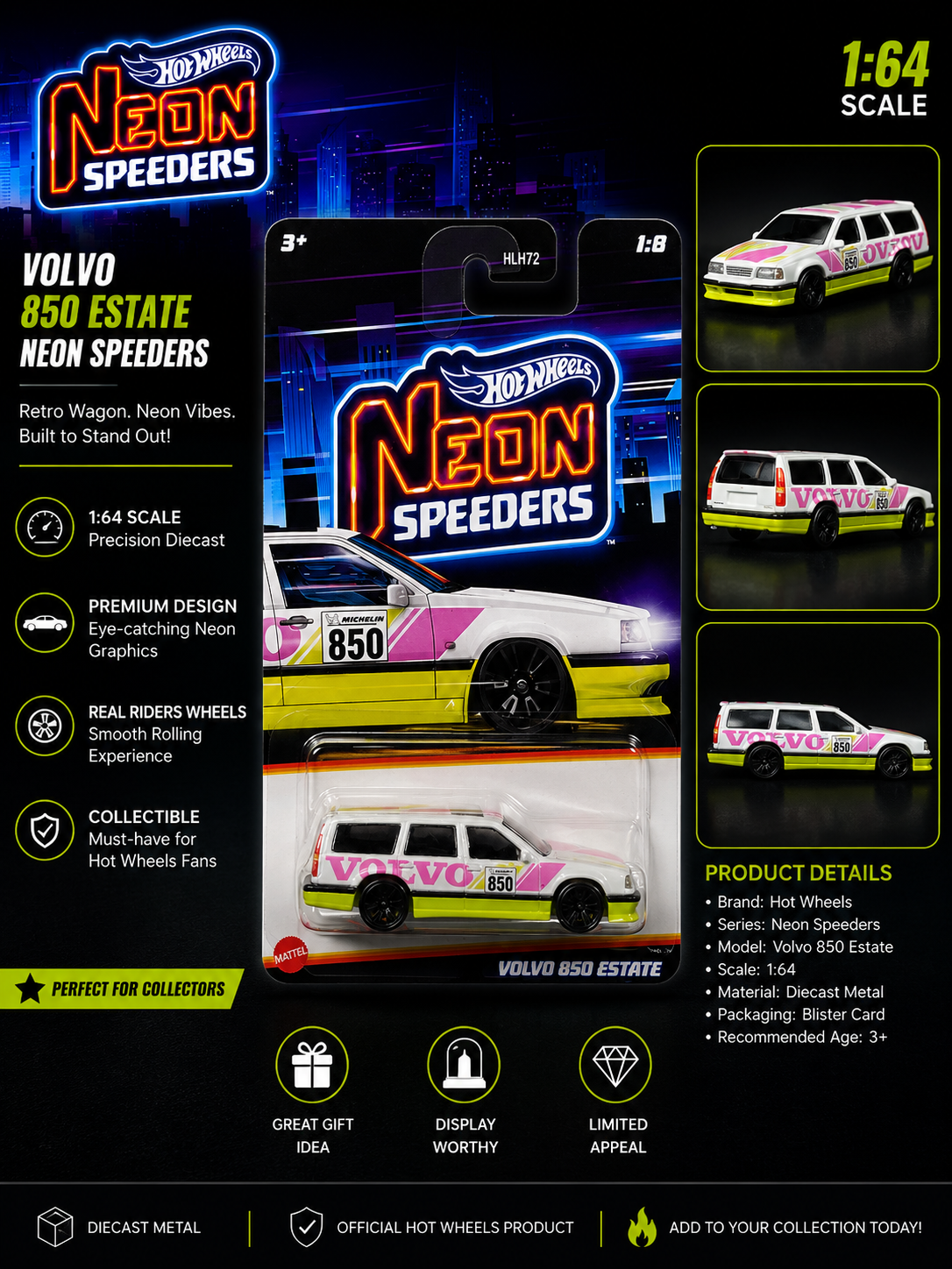 Hotwheels Mainline Neon Speeders "Volvo 850 Estate" Card Art 1:64 Scale Premium Diecast Collectible Car