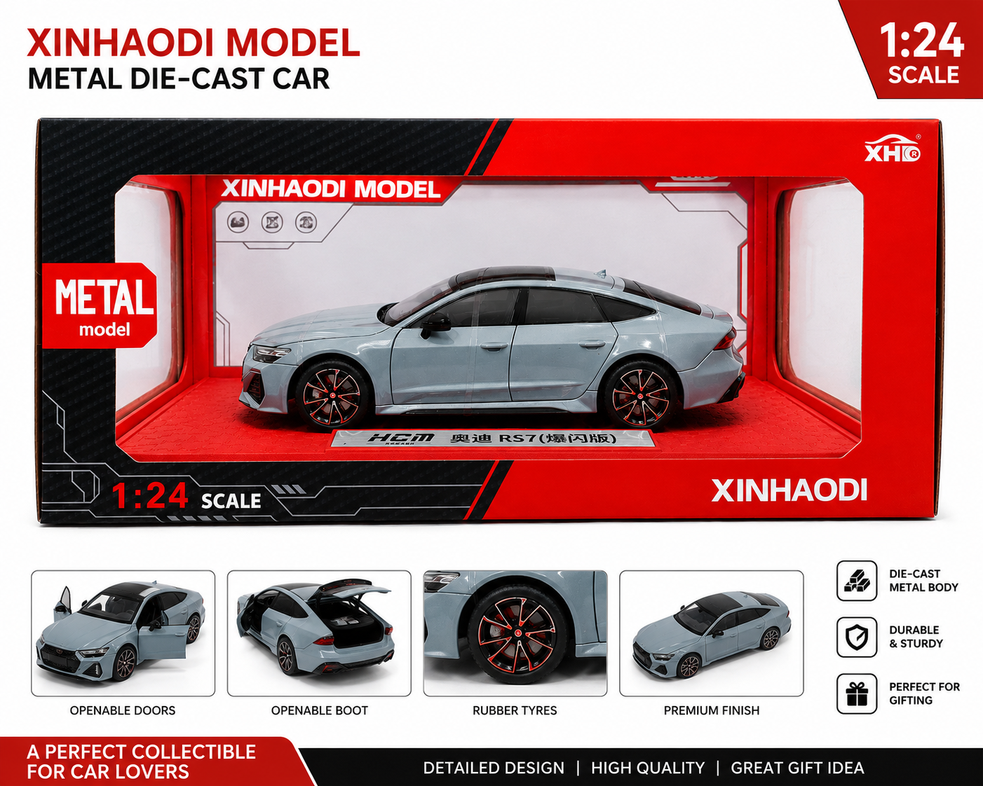 XINHAODI HCM "Audi R S7" Flash Edition(Black And Grey) Imported 1:24 Scale die-cast Model