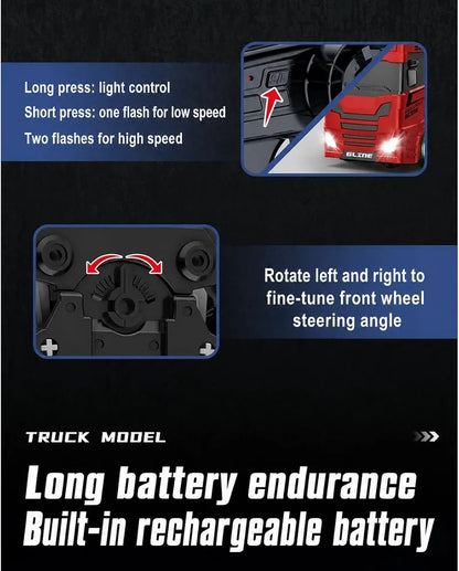 Turbo Speed Trailer Specifications Colours And Contents May Vary From illustrations 2.4 GHz Full-Scale Remote Control: Equipped with a 2.4 GHz wireless remote control system, it provides a stable, lag-free control range of up to 30 meters 1:64 Scale