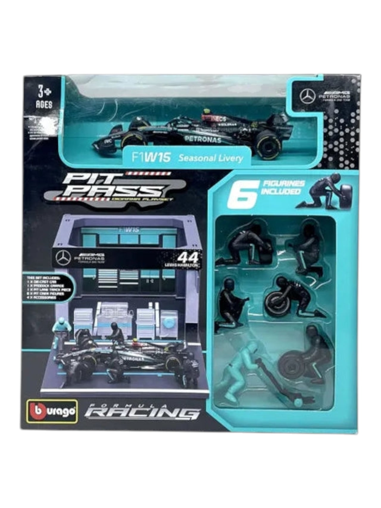 Bburago 2024 formula 1 (f1) pit pass lewis Hamilton no 44 1:43 scale 6 figurines included)