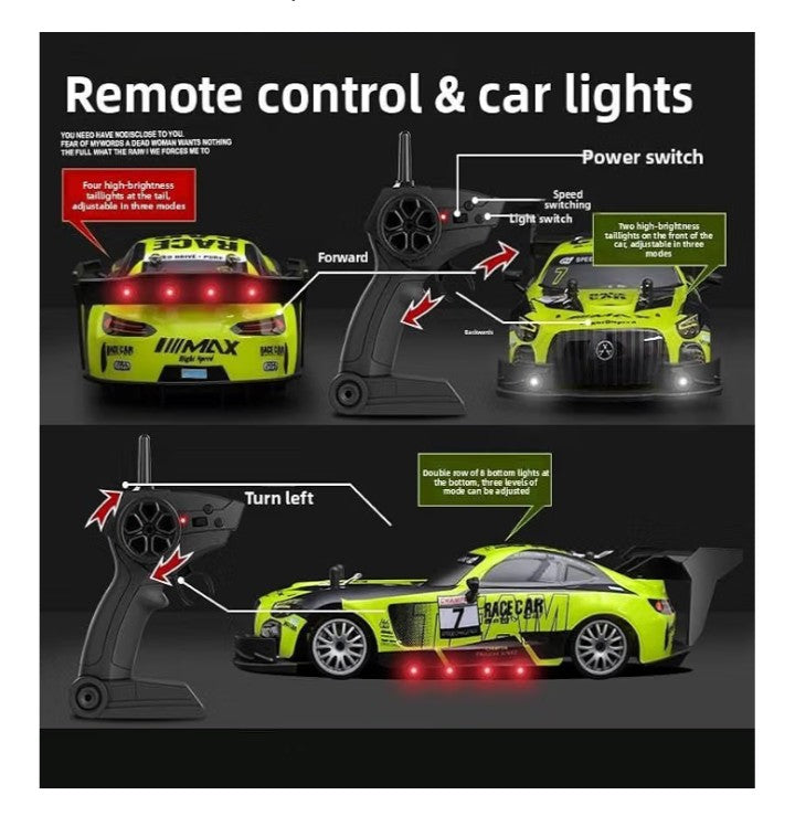Drift Sports Car RC| 4WD High-Speed Drifting Car with LED Lights, 2.4GHz Remote Control & Interchangeable Drift Wheels Professional Chassis Steering/ Throttle ESP System 1:16 Scale a top speed of around 25 to 30 KM/H