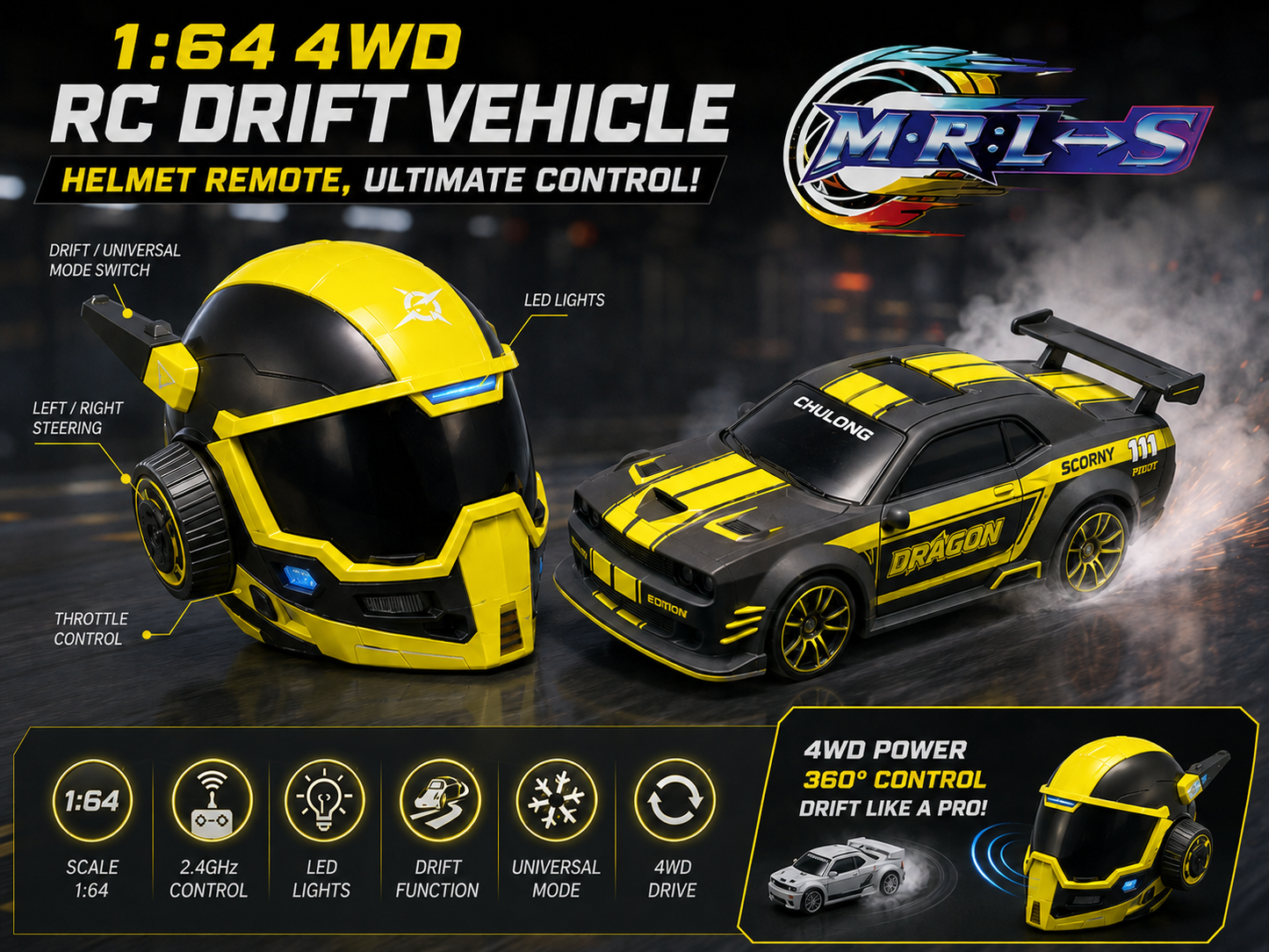 RC Drift 1:64 Scale Car with Helmet Remote | 2.4GHz | LED Lights | Drift & Universal Mode