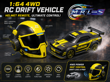 RC Drift 1:64 Scale Car with Helmet Remote | 2.4GHz | LED Lights | Drift & Universal Mode