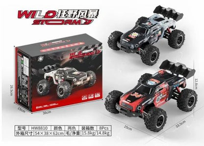 Wild Storm High-Speed RC Monster Truck 2.4GHz Wireless Remote Control Large Off-Road Tires Independent Suspension System Front LED Light Rechargeable battery 1:16 Scale 20 km/h Speed.