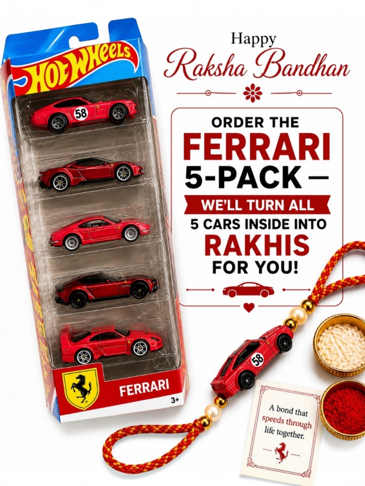 Hotwheels Ferrari 5-Pack – All 5 Cars Customized as Rakhi | Special Raksha Bandhan Edition