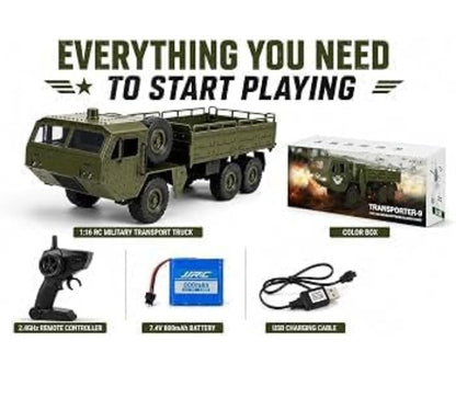 Transporter 2.4G 6WD RC Off-Road Military Truck – 500G Loading Capacity, 6-Wheel Drive, Shock Absorbers & Speed Conversion, Heavy-Duty Remote Control Cargo Truck 1:16 Scale