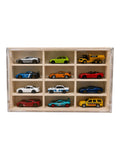 LED Acrylic Storage Case with for 12 Diecast Cars | 32x19x6 cm | 12 Cars Included | Dustproof Compartment Showcase wooden storage case