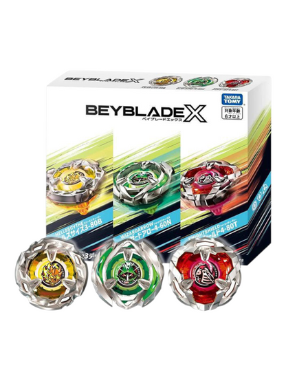 Tomica beyblade x hellsscythe 3-80b/ wizardarrow 4-60n/ knightshield 4-80t xtreme gear sports