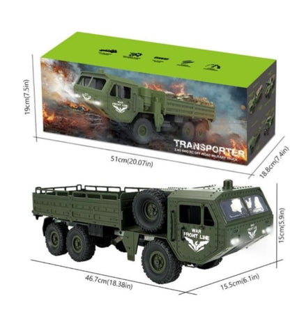 Transporter 2.4G 6WD RC Off-Road Military Truck – 500G Loading Capacity, 6-Wheel Drive, Shock Absorbers & Speed Conversion, Heavy-Duty Remote Control Cargo Truck 1:16 Scale