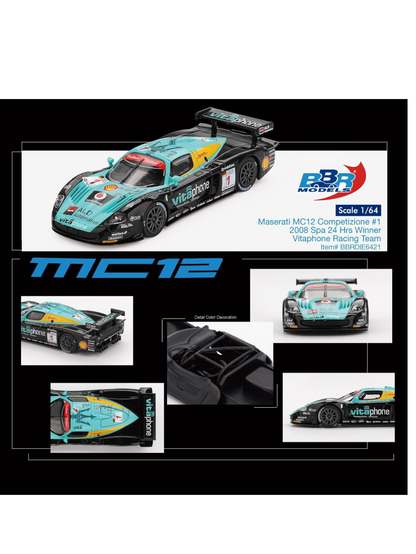 BBR Models Maserati MC12 Competizione (#1 2008 SPA 24hrs Winner Vitaphone Racing Team) 1:64 Scale