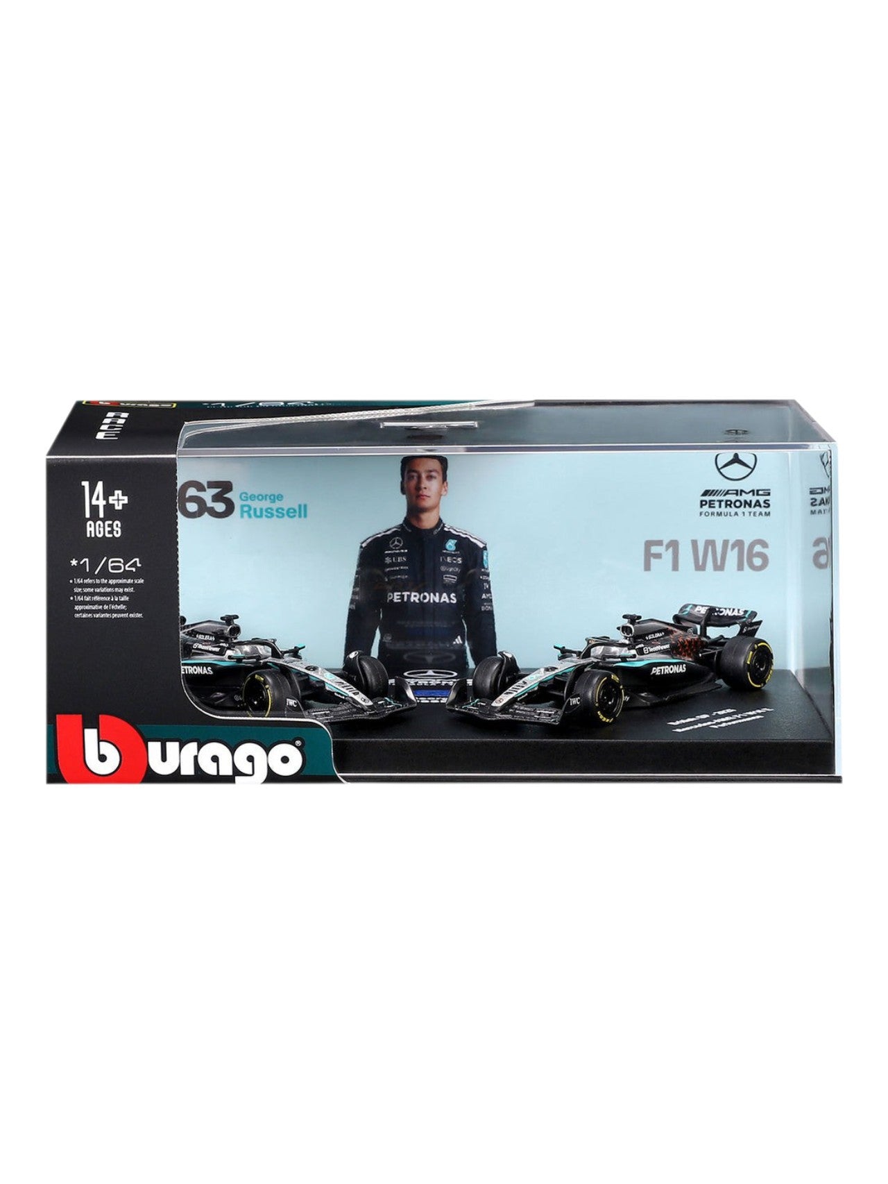 Bburago (18-58020R) Seasonal Livery-2025 Mercedes - Amg F1 W16 E Performance No.63 George Russell 1:64 Scale Diecast Model Acrylic