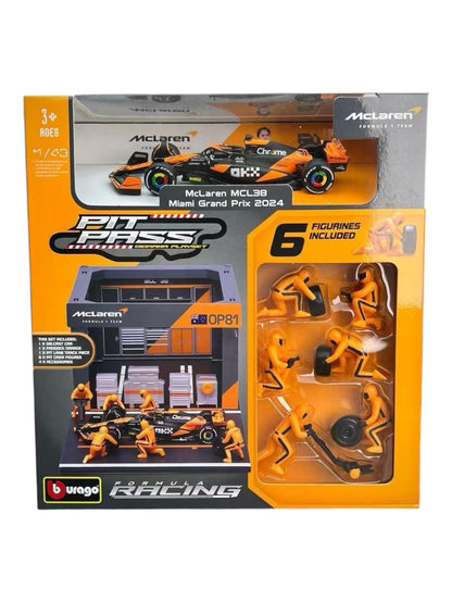 Bburago 2024 formula 1 (f1) pit pass McLaren mcl38 miami grand prix op81 1:43 Scale (6 figurines included)