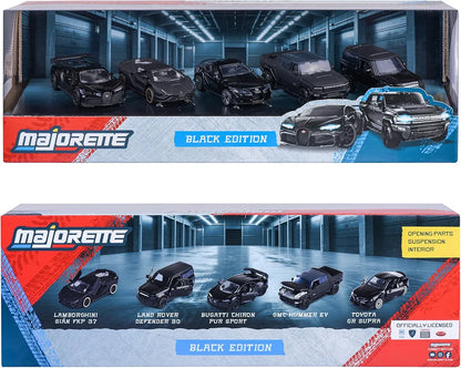 Majorette Car Set Black Edition (5 Cars) - 5 Black Model Cars Made of Metal with Freewheel, Suspension & Opening Part 1:64 Scale 8502005000