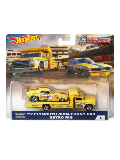 HotWheels Car Culture Team Transport 72 Plymouth Cuda Funny Car Retro Big #4 Imported 1:64 Scale (With Protector)