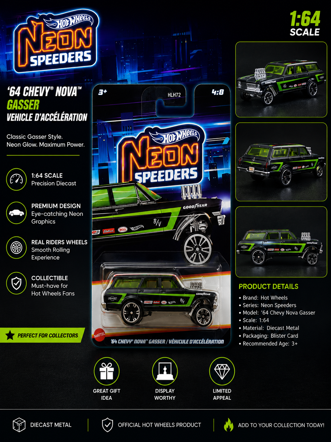 Hotwheels Mainline '64 Chevy Nova Gasser – Neon Speeders |CardArt 1:64 Scale Diecast Model Car