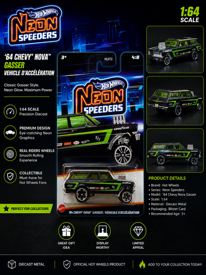 Hotwheels Mainline '64 Chevy Nova Gasser – Neon Speeders |CardArt 1:64 Scale Diecast Model Car