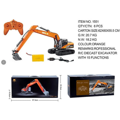 Huina Toys 1551 RC Remote Control Excavator With 15 Functions USB Charging construction machine 360° rotating body 7.4V rechargeable battery Playing Time: Approx. 25–30 minutes Charging Time: Approx. 2–3 hours Up to approx. 3.5 km/h 1:14 scale