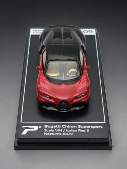 Postercars Bugatti Chiron Supersport 1:64 Scale-Premium / Italian Red & Nocturne Black Diecast Collector Model No 09.