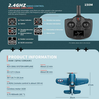 XK A500 F4U Corsair 2.4GHz 6CH RC Airplane with 3D/6G Flight Mode & Gyroscope – 1 Battery UP to 150 meter Control range