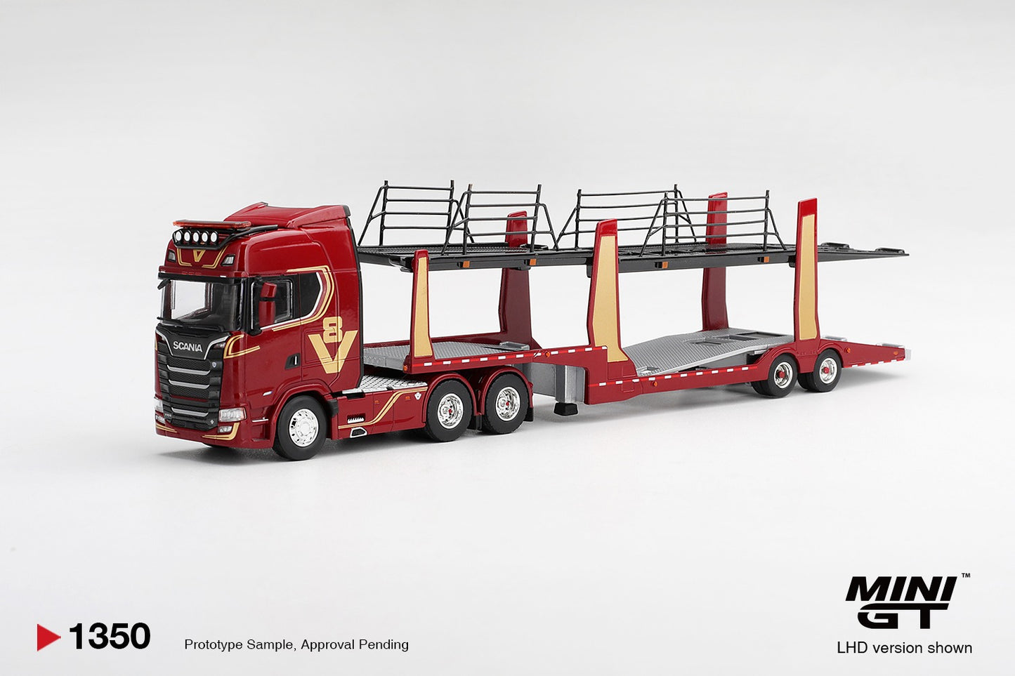 Mini GT PRE-ORDER ( Dec End-2026 ) SCANIA 770S A6X4NA CAR TRANSPORTER V8 50TH ANNIVERSARY WITH CAR TRANSPORTER RED 1:64