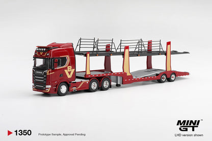 Mini GT PRE-ORDER ( Dec End-2026 ) SCANIA 770S A6X4NA CAR TRANSPORTER V8 50TH ANNIVERSARY WITH CAR TRANSPORTER RED 1:64