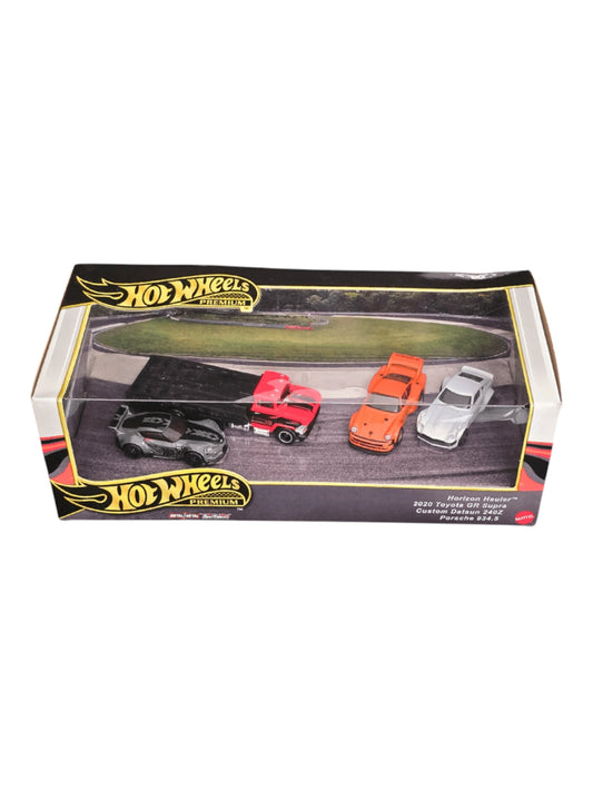 Hot Wheels Premium 4-Piece Die Cast Car Set with Carrier 2020 Toyota GR Supra, Datsun 240Z, Porsche 934.5 1:64 Scale