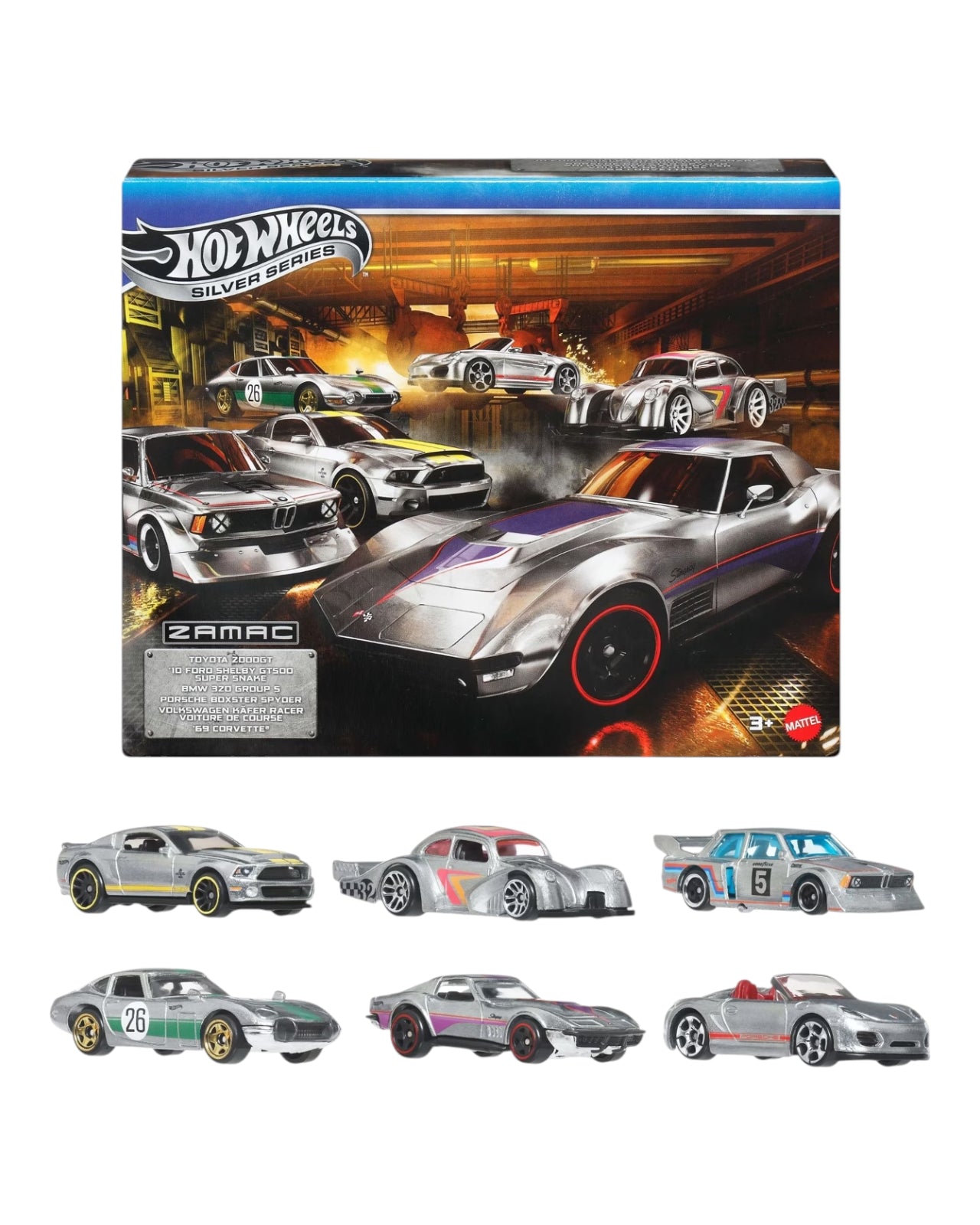 Hotwheels 2026 silver series imported zamac set of 6 Toyota 2000GT | '69 Corvette | Porsche Boxster Spyder | Volkswagen Käfer Racer | BMW 320 Group 5 | '10 Ford Shelby GT500 Super Snake 1:64 Scale