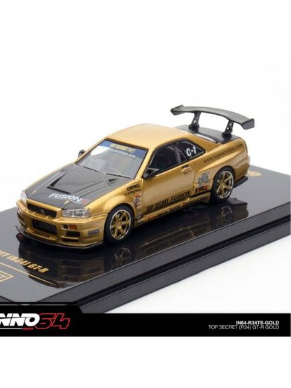 Inno64 Top Secret (R34) GT-R Gold Diecast 1:64 Scale (With Acrylic Case)